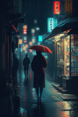 Fototapeta premium woman in rain walking with umbrella in Tokyo street at night lluminated with lamps and reflections. generative ai