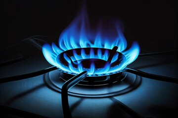 A blue flame on a gas stove in the dark, Generative Ai