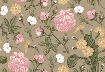 Seamless pattern. Beautiful fabric blooming realistic isolated flowers. Vintage background. Rose primrose primula wildflowers. Wallpaper baroque bouquet Drawing engraving Vector victorian Illustration