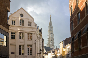 Fototapeta na wymiar View of Town Hall from Old Town in Brussels, Belgium