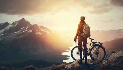 girl cyclist rider in mountain bike on mountain peak at sunset. freedom and healthy lifestyle concepts. generative ai