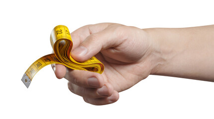 Hand holding a yellow measuring tape, cut out