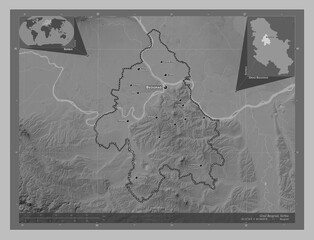 Grad Beograd, Serbia. Grayscale. Labelled points of cities