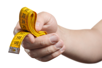 Hand holding a yellow measuring tape, cut out