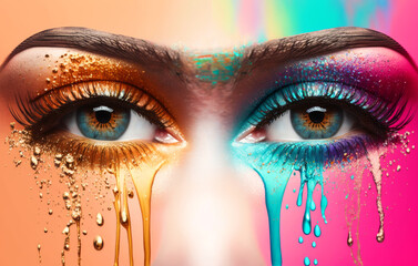 Eyes Of Woman. One Eye In Brilliant Colors. Other Eye Is Multicolored. AI Generated. 3D Illustration.