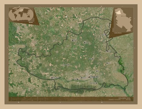 Juzno-Backi, Serbia. Low-res satellite. Labelled points of cities.