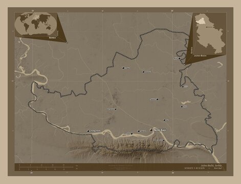 Juzno-Backi, Serbia. Sepia. Labelled points of cities.