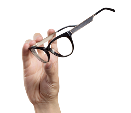 Hand holding black glasses, cut out