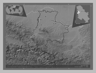 Macvanski, Serbia. Grayscale. Labelled points of cities