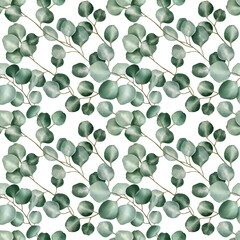 Seamless floral pattern with eucalyptus hand-drawn painted in a watercolor style. The seamless...