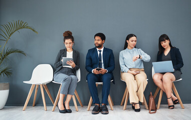 Recruitment, hiring and watch with business people in waiting room for schedule, hr or consulting. Job interview, networking and clock with employee for search, countdown or time with wall background