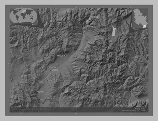 Pcinjski, Serbia. Grayscale. Labelled points of cities