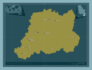 Obraz premium Pcinjski, Serbia. Solid. Labelled points of cities