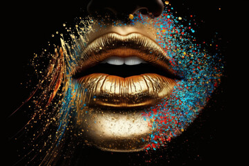 Girl Face With Golden Colors On Black Background. Golden Lips. AI Generated. 3D Illustration.