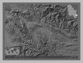 Pirotski, Serbia. Grayscale. Labelled points of cities