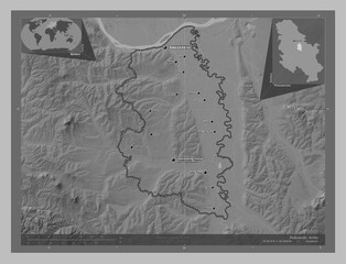 Podunavski, Serbia. Grayscale. Labelled points of cities