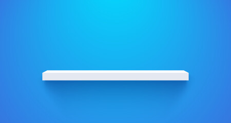 Fototapeta premium Realistic white shelf on blue background. Wall empty shelf with shadow. Template design for modern interior wall furniture. Empty bookshelf. 3d vector illustration