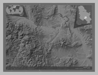 Rasinski, Serbia. Grayscale. Labelled points of cities