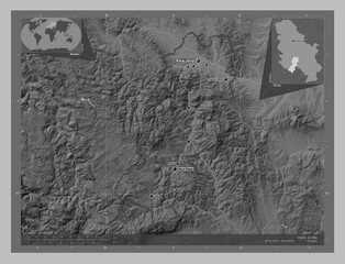 Raski, Serbia. Grayscale. Labelled points of cities