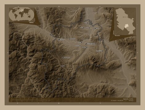 Rasinski, Serbia. Sepia. Labelled points of cities