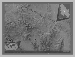 Sumadijski, Serbia. Grayscale. Labelled points of cities