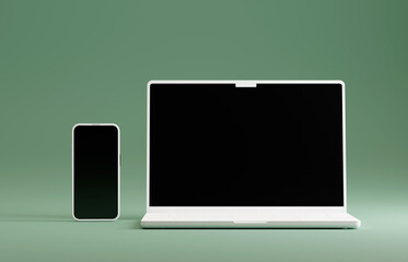 Matte white mockup laptop and smartphone. Green studio setting.