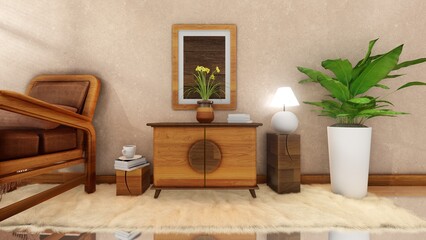 Fototapeta na wymiar sideboard with traditional Javanese ornament background, 3D Rendering