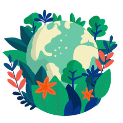 Obraz premium World environment day. Earth day. Sustainable lifestyle and climate change problem concept.. Earth globe with leaves, trees and flowers. Concept design for banner, poster, greeting card. 