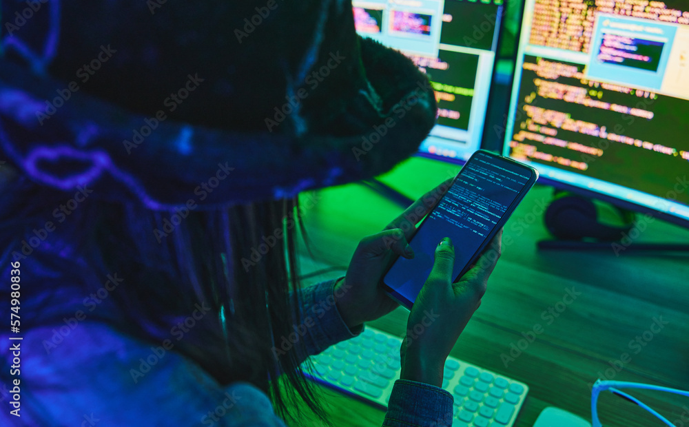 Aufkleber Search, computer or hacker woman on smartphone for cybersecurity, app coding or data analysis. Phone, networking or girl typing on tech for software code, programming or phishing dashboard review