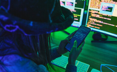 Search, computer or hacker woman on smartphone for cybersecurity, app coding or data analysis....