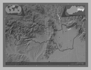 Kosicky, Slovakia. Grayscale. Labelled points of cities