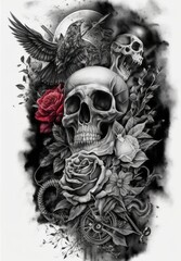 Skull and roses. Tattoo concept
