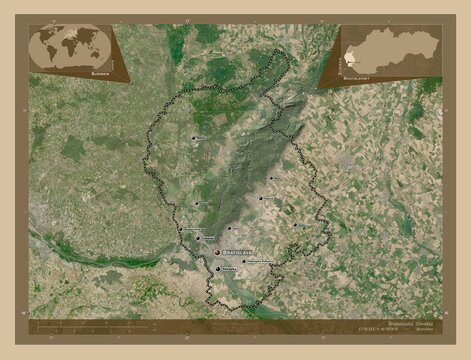 Bratislavsky, Slovakia. Low-res satellite. Labelled points of cities