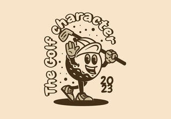 Mascot character of golf ball holding a golf stick