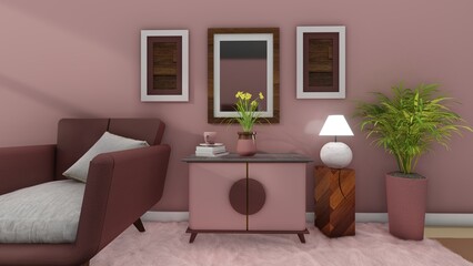 Retro living room with vintage sideboard and armchairs - 3d rendering
