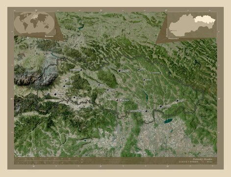 Presovsky, Slovakia. High-res satellite. Labelled points of cities