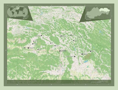Presovsky, Slovakia. OSM. Labelled points of cities