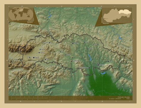 Presovsky, Slovakia. Physical. Labelled points of cities