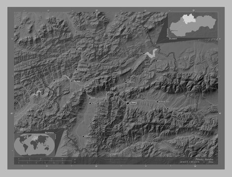 Zilinsky, Slovakia. Grayscale. Labelled points of cities