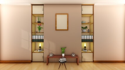 Free photo wooden sideboard in living room interior with copy space. 3d rendering