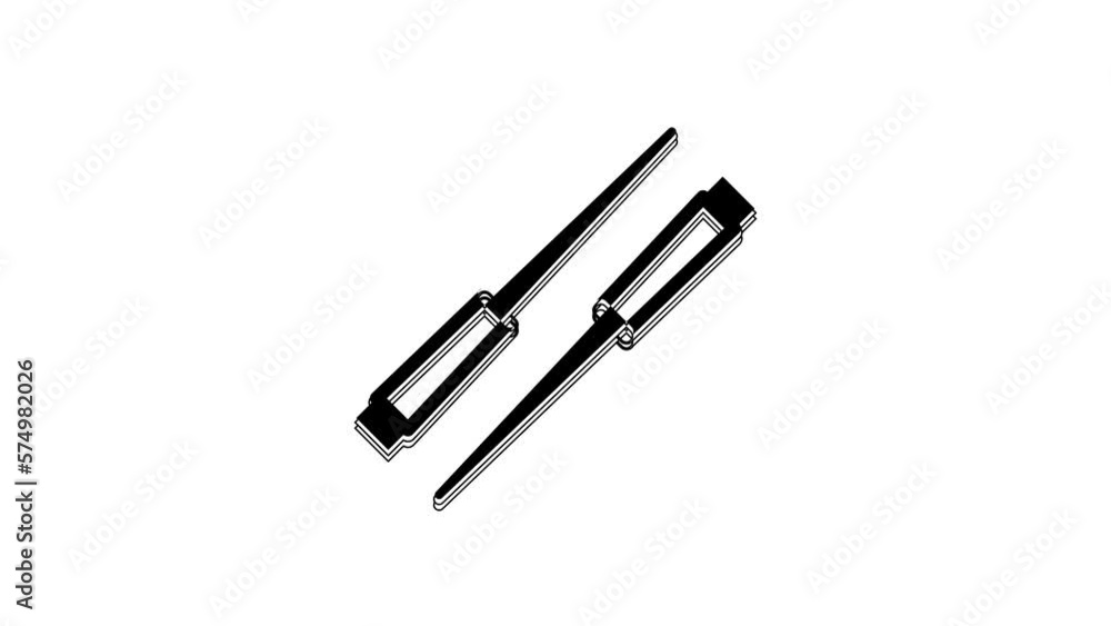 Sticker Black Food chopsticks icon isolated on white background. Wooden Korean sticks for Asian dishes. Oriental utensils. 4K Video motion graphic animation