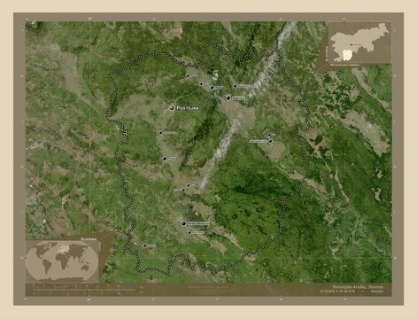 Notranjsko-kraska, Slovenia. High-res satellite. Labelled points of cities