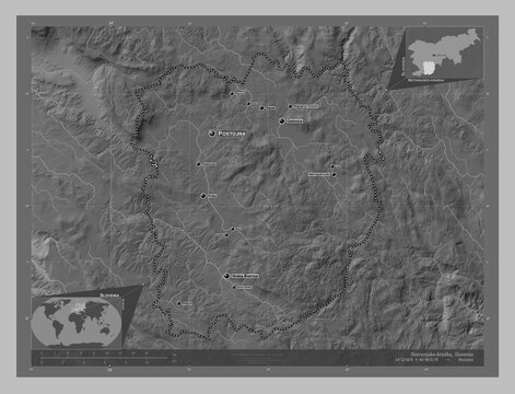 Notranjsko-kraska, Slovenia. Grayscale. Labelled points of cities