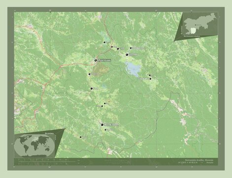 Notranjsko-kraska, Slovenia. OSM. Labelled points of cities