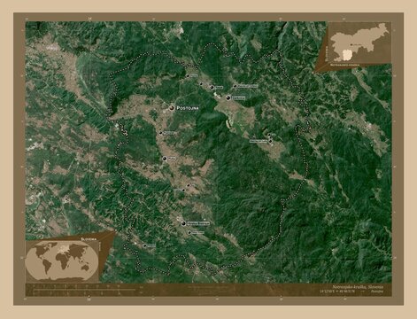 Notranjsko-kraska, Slovenia. Low-res satellite. Labelled points of cities