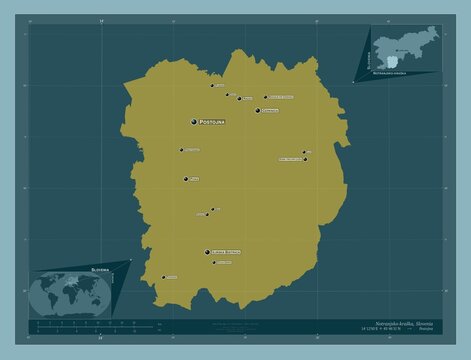 Notranjsko-kraska, Slovenia. Solid. Labelled points of cities