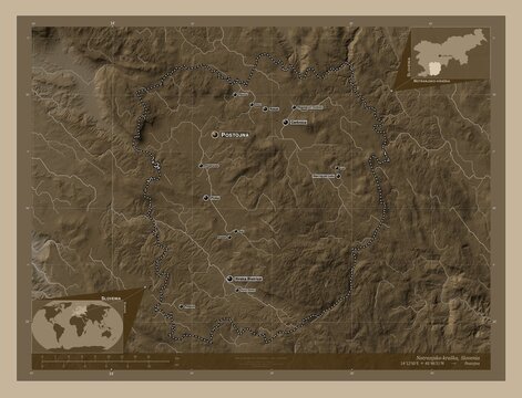 Notranjsko-kraska, Slovenia. Sepia. Labelled points of cities