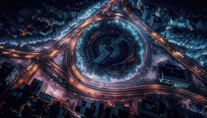 Abstract illustration of a big night city, aerial view long exposure with traffic trails. Horizontal format. AI generative image.