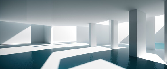 Abstract interior design of futuristic hallway with empty white concrete floor and walls. Architectural panoramic wallpaper. Generative AI
