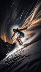 Extreme jumping skier with big snow cloud in a long exposure motion. Fantastic night sky with stars and Nortern lights. AI generative image. - obrazy, fototapety, plakaty